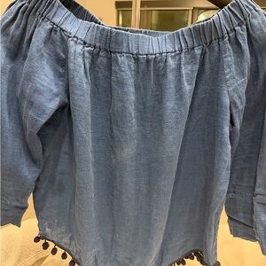 Zara Blue Off-Shoulder Blouse with Pom-Pom Detail